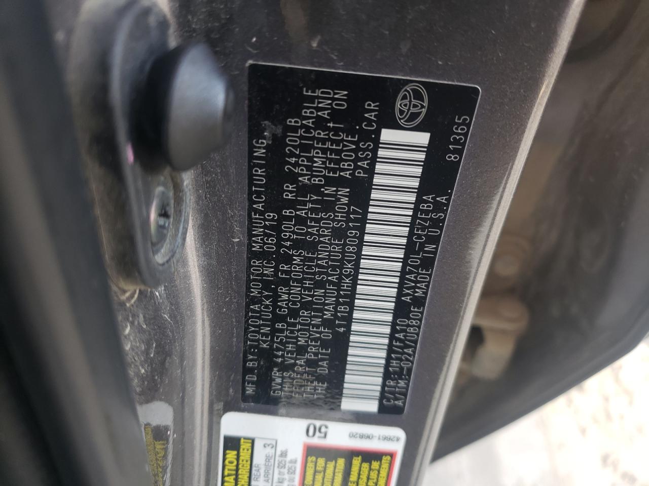 2019 Toyota Camry L VIN: 4T1B11HK9KU809117 Lot: 65931224