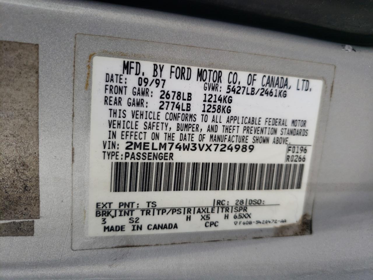 1997 Mercury Grand Marquis Gs VIN: 2MELM74W3VX724989 Lot: 65634254