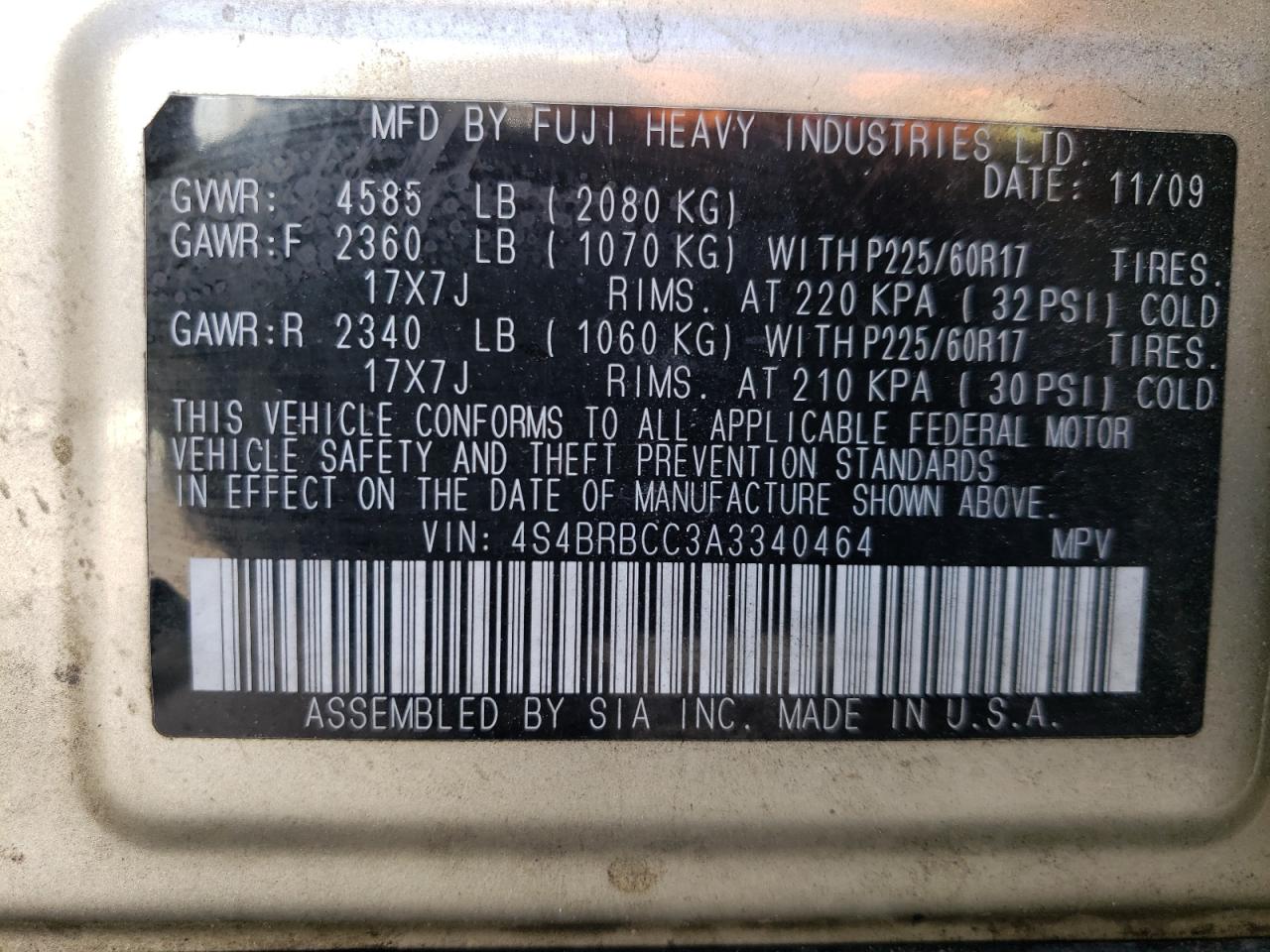 2010 Subaru Outback 2.5I Premium VIN: 4S4BRBCC3A3340464 Lot: 66403694