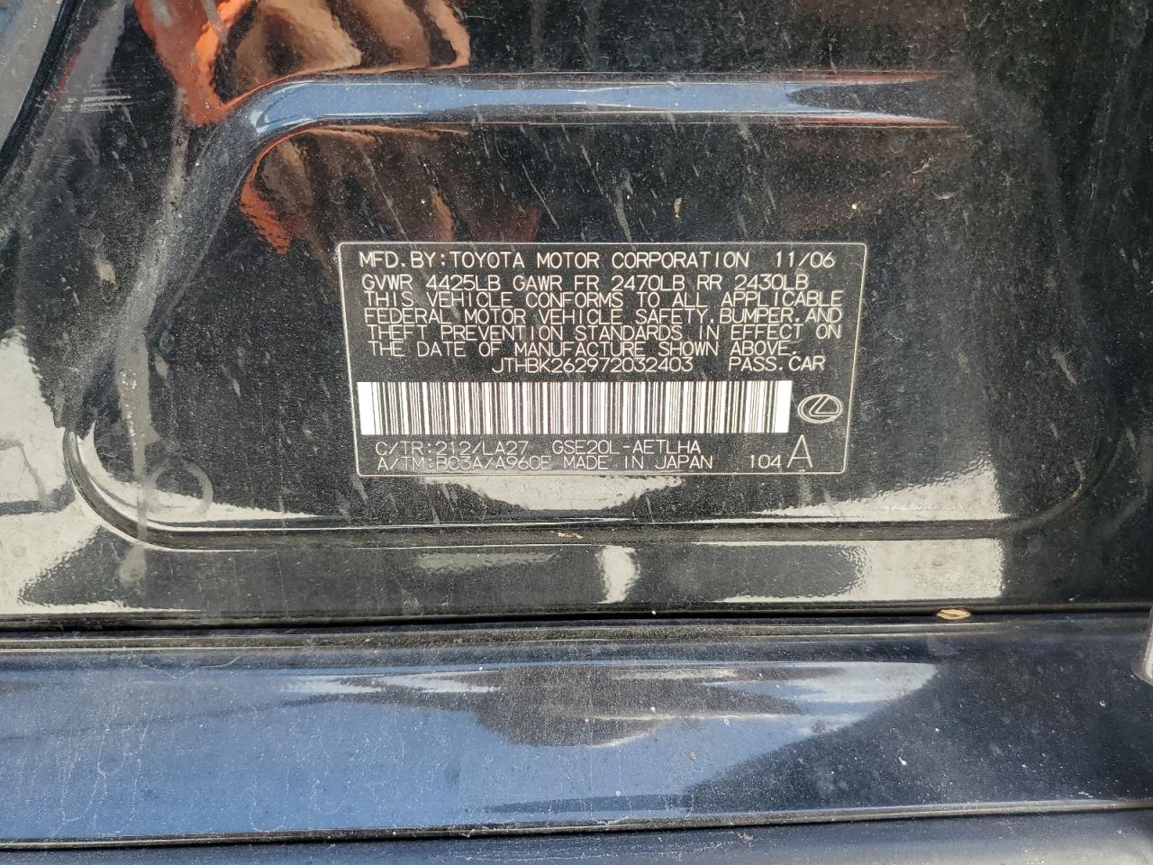 2007 Lexus Is 250 VIN: JTHBK262972032403 Lot: 67421994