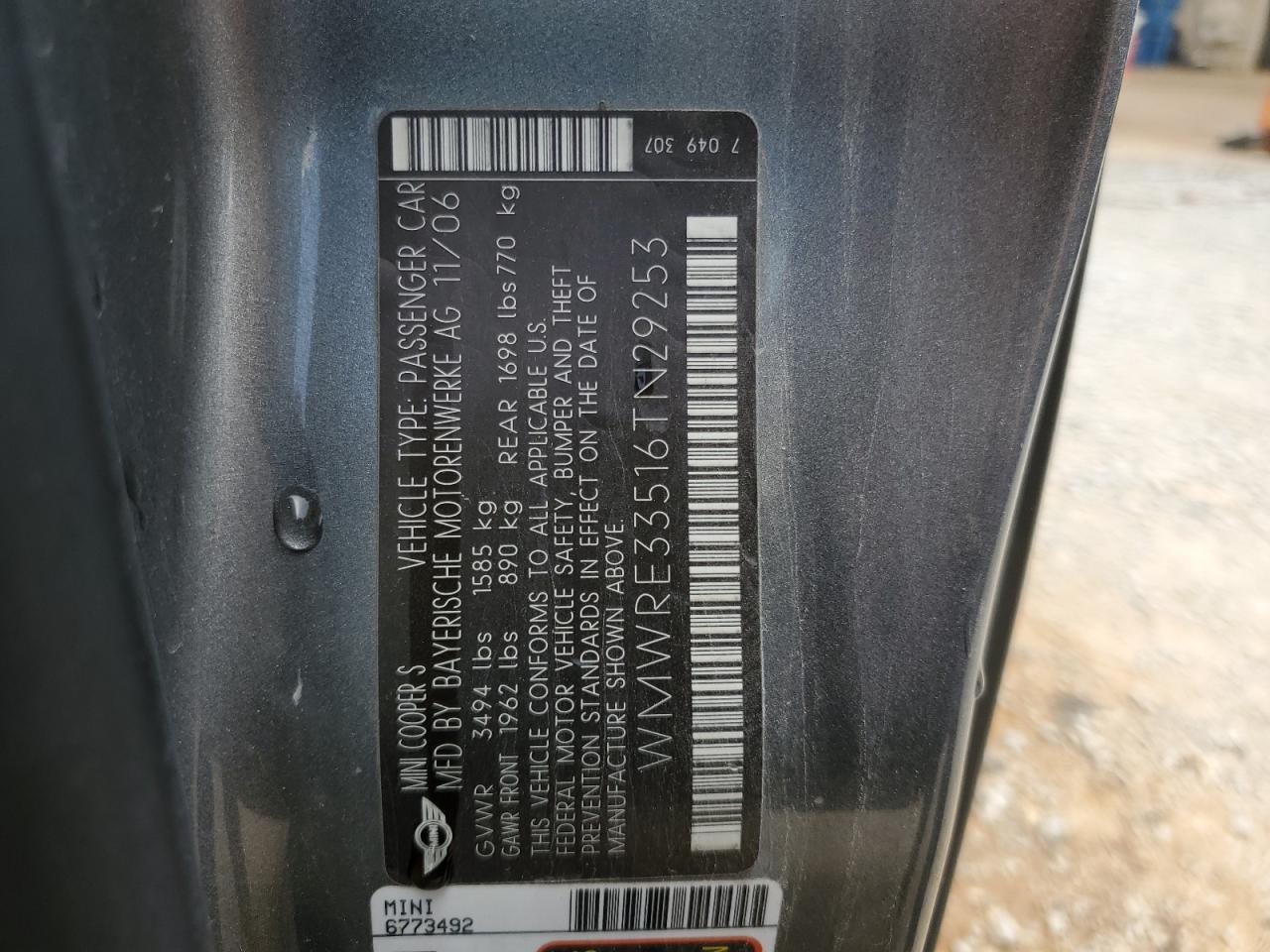 2006 Mini Cooper S VIN: WMWRE33516TN29253 Lot: 65853554