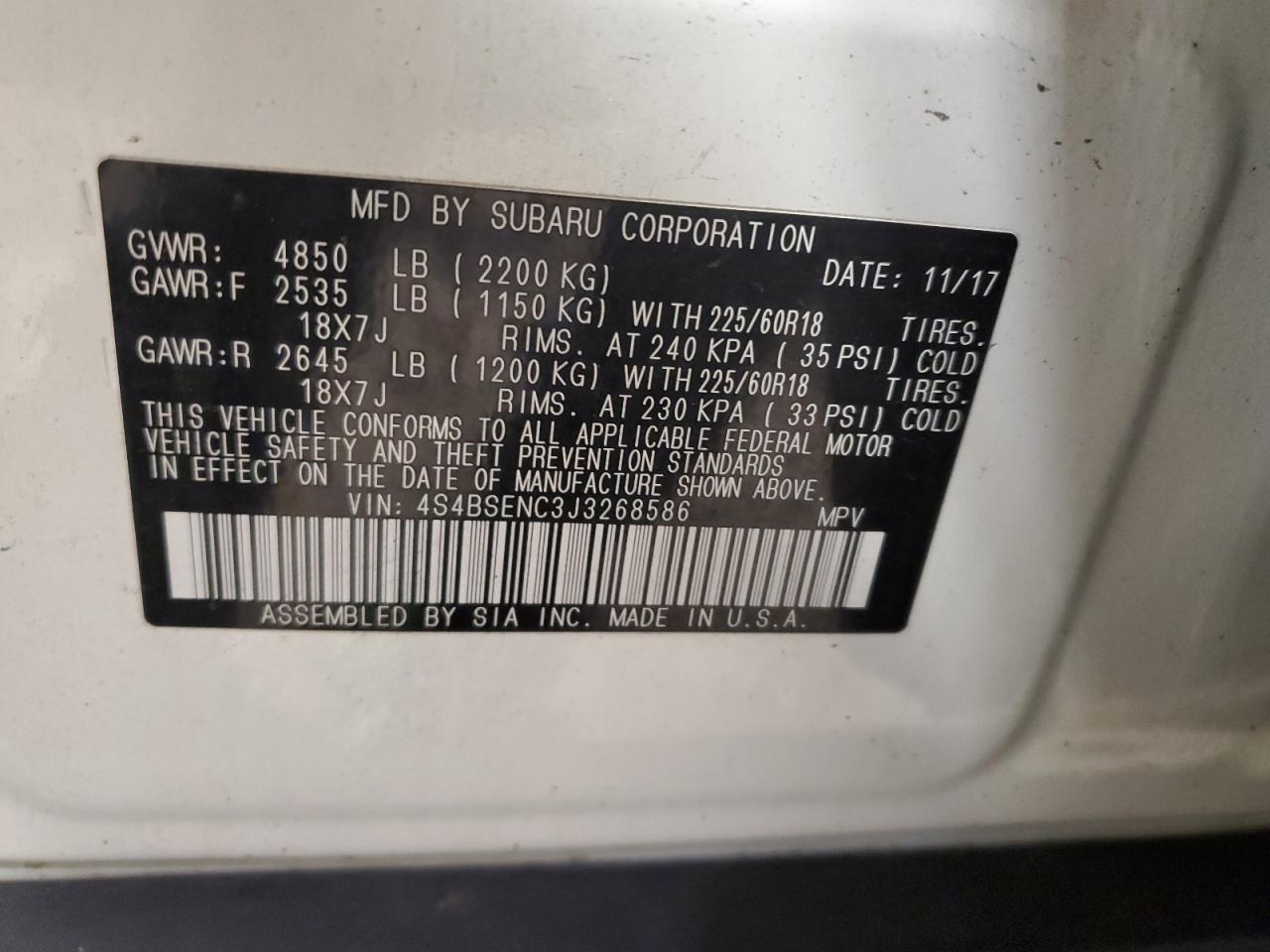 2018 Subaru Outback 3.6R Limited VIN: 4S4BSENC3J3268586 Lot: 68098554