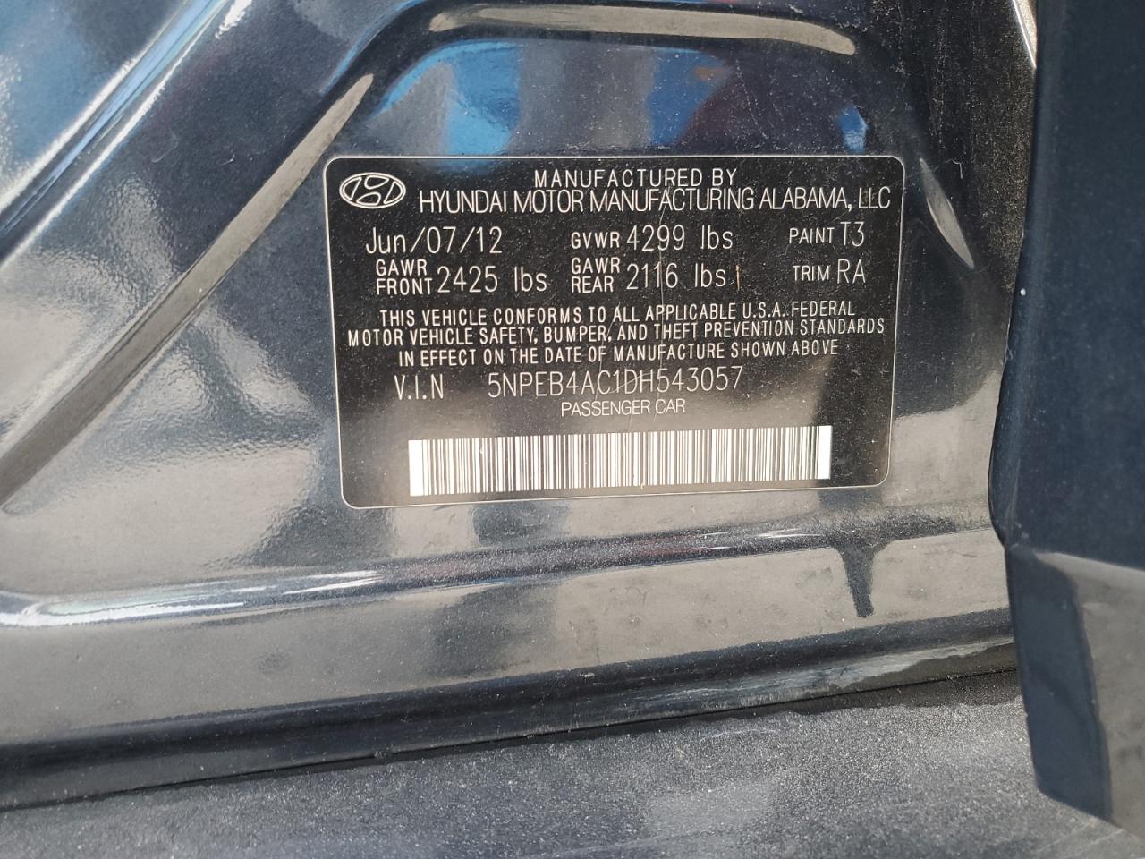 2013 Hyundai Sonata Gls VIN: 5NPEB4AC1DH543057 Lot: 66745984