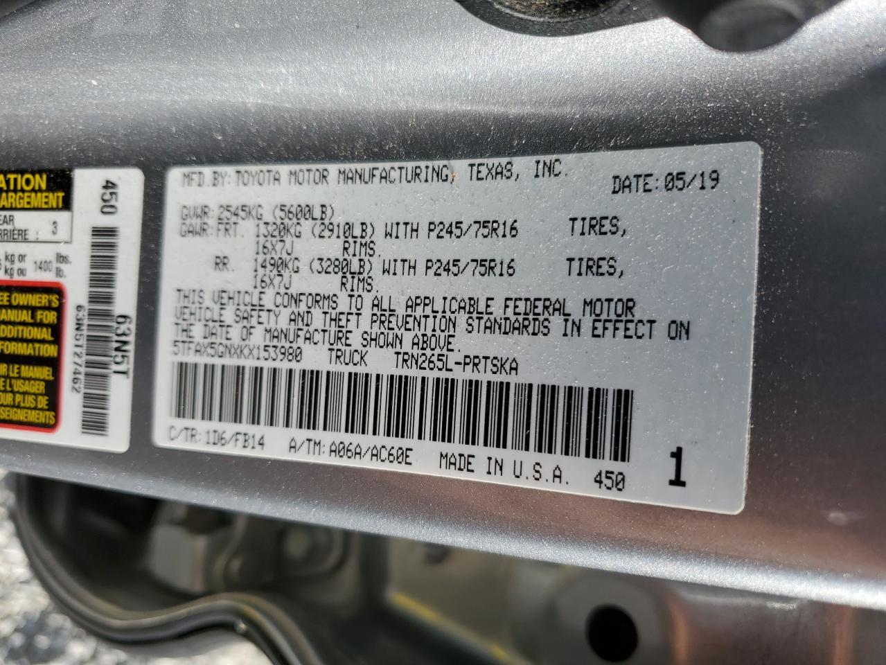 5TFAX5GNXKX153980 2019 Toyota Tacoma Double Cab