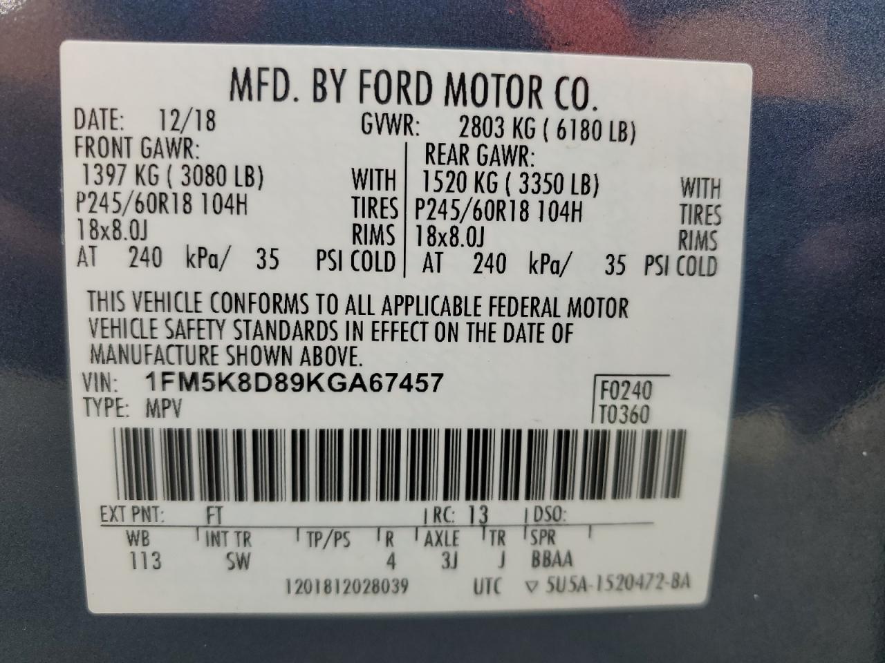 1FM5K8D89KGA67457 2019 FORD EXPLORER - Image 15