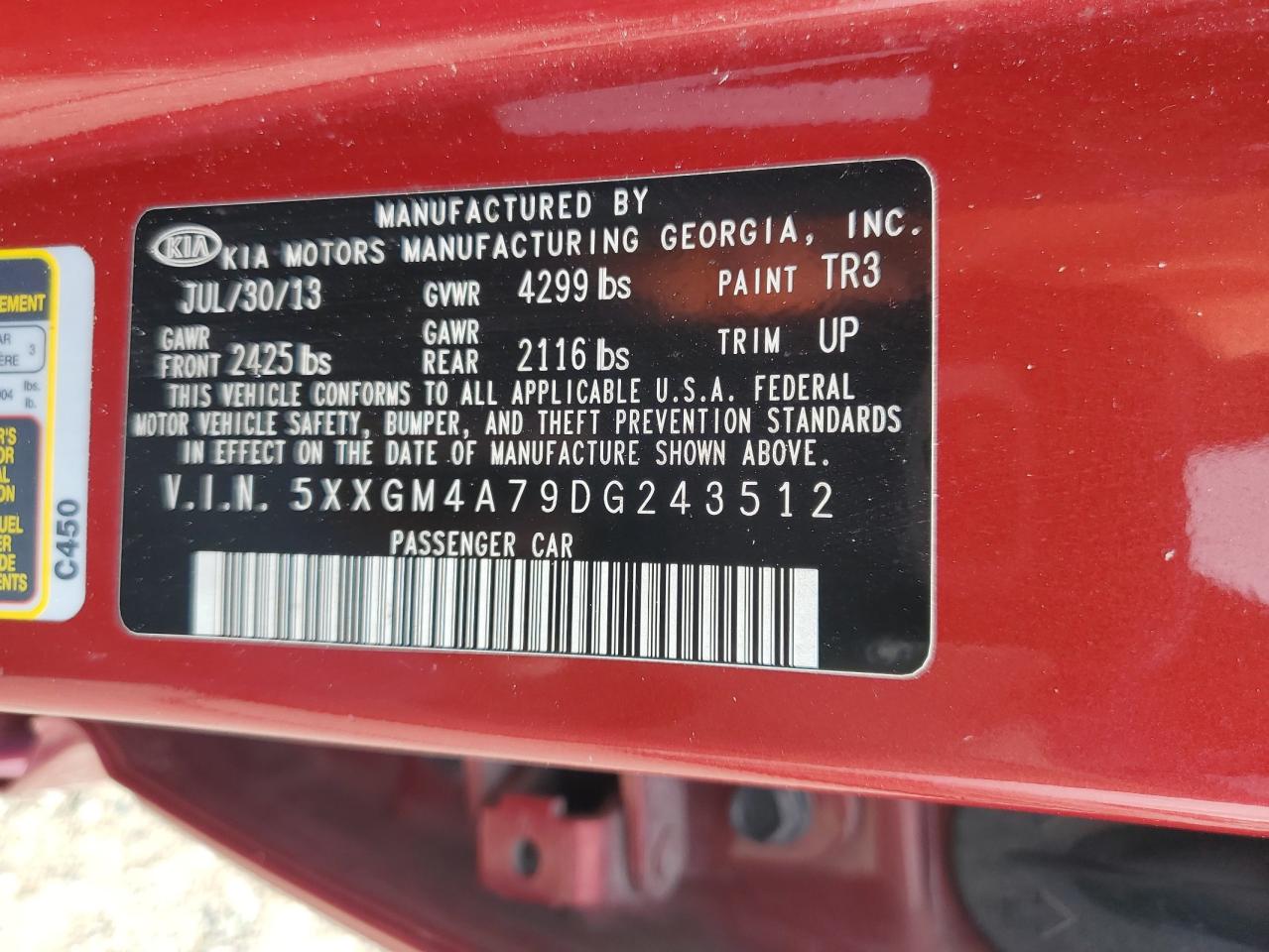 2013 Kia Optima Lx VIN: 5XXGM4A79DG243512 Lot: 66247614