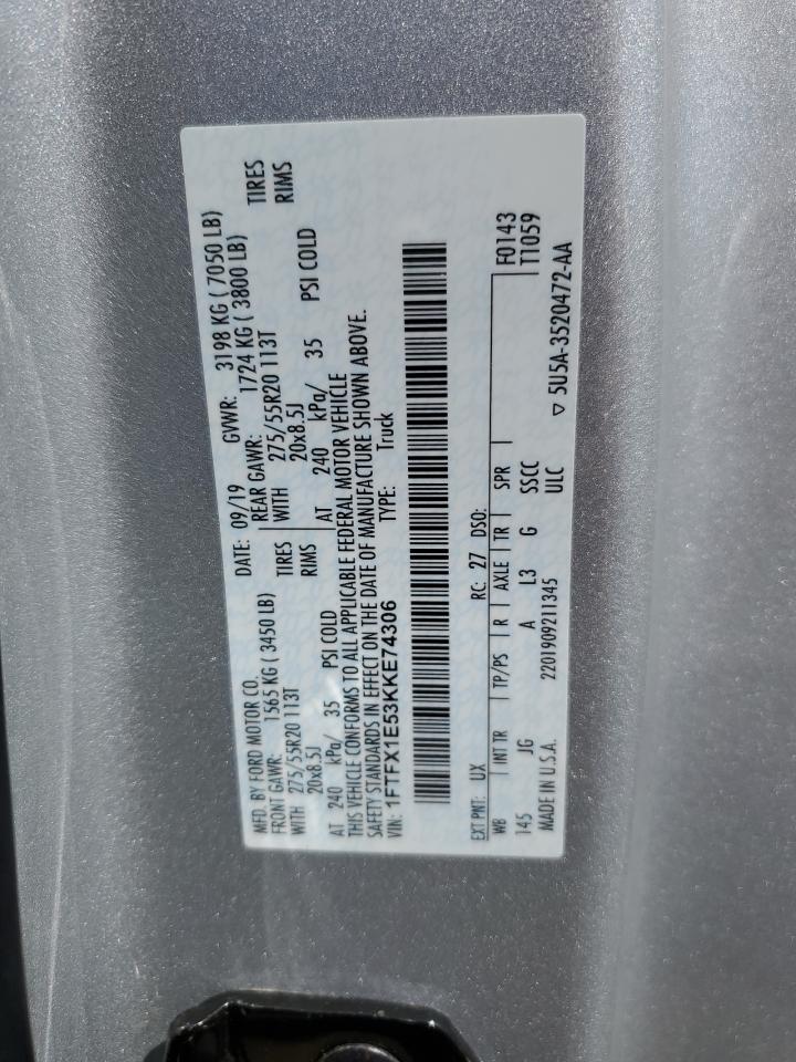 2019 Ford F150 Super Cab VIN: 1FTFX1E53KKE74306 Lot: 67271924