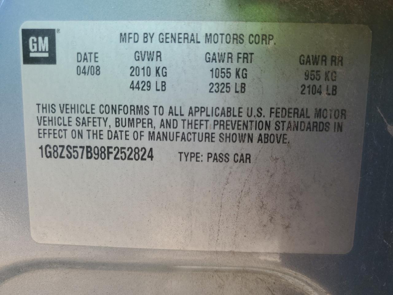 1G8ZS57B98F252824 2008 Saturn Aura Xe