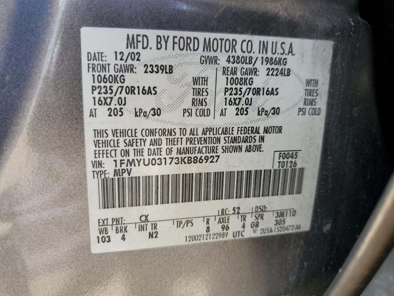 2003 Ford Escape Xlt VIN: 1FMYU03173KB86927 Lot: 68702864