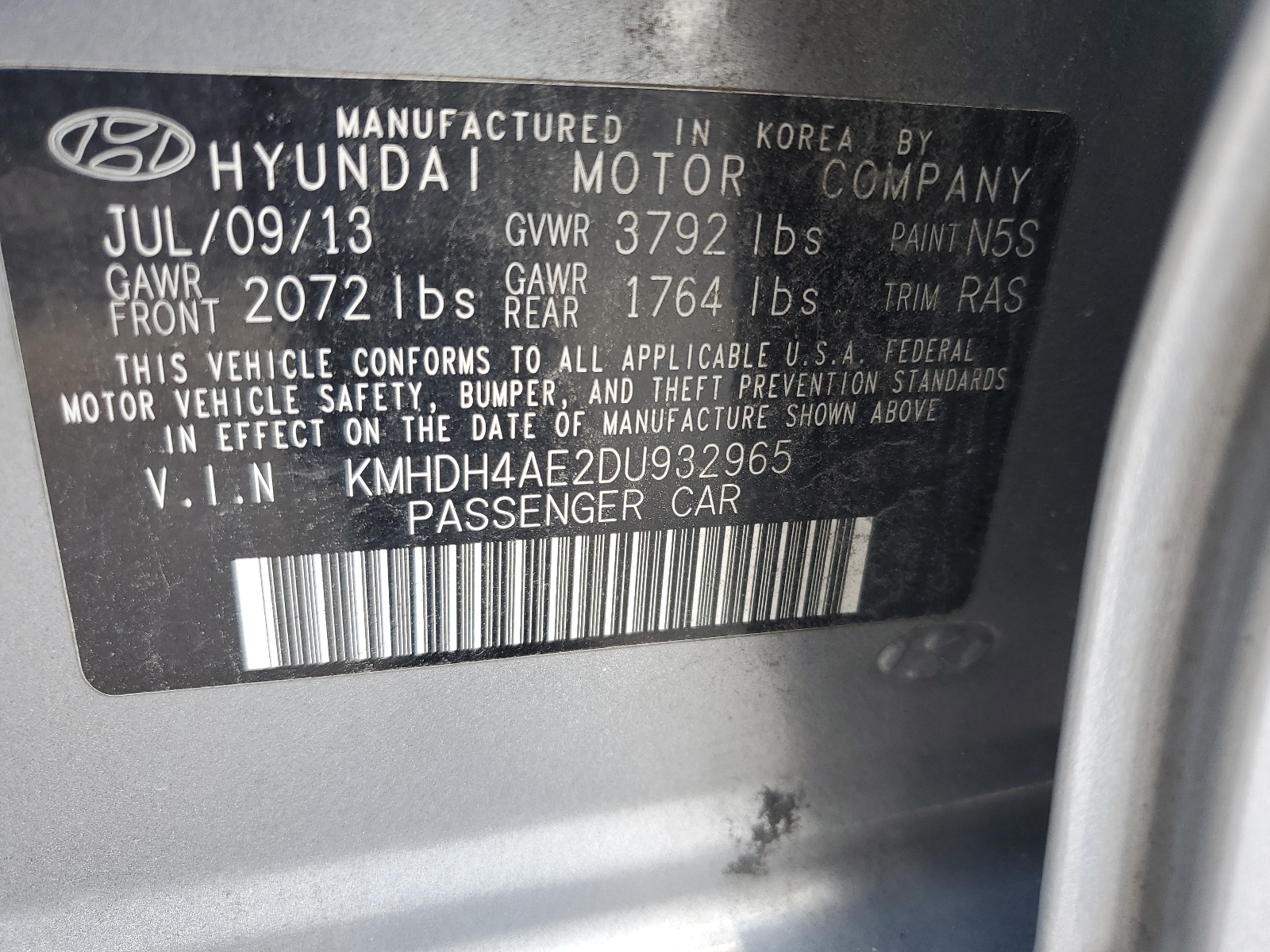 KMHDH4AE2DU932965 2013 Hyundai Elantra Gls