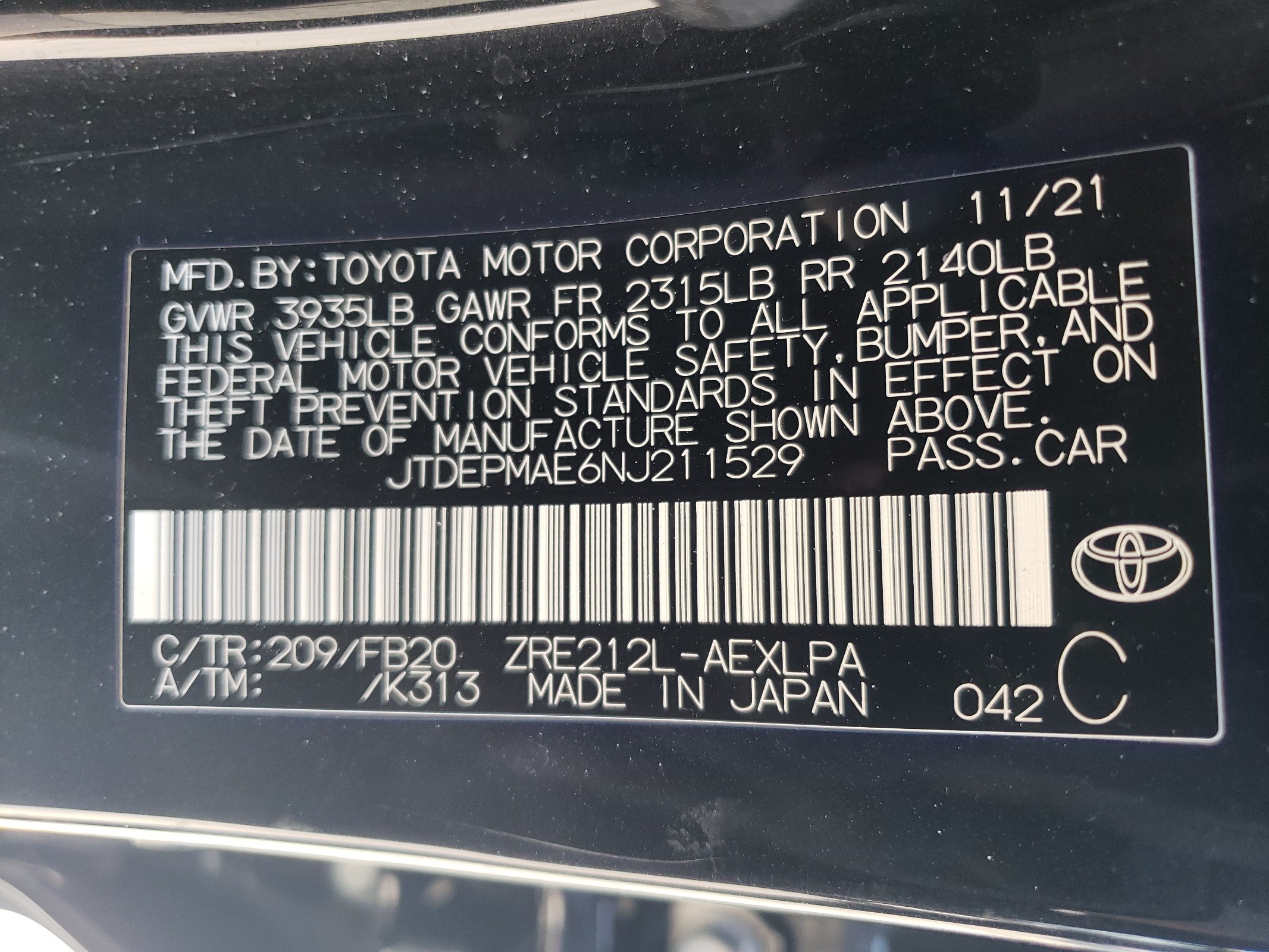 2022 Toyota Corolla Le vin: JTDEPMAE6NJ211529