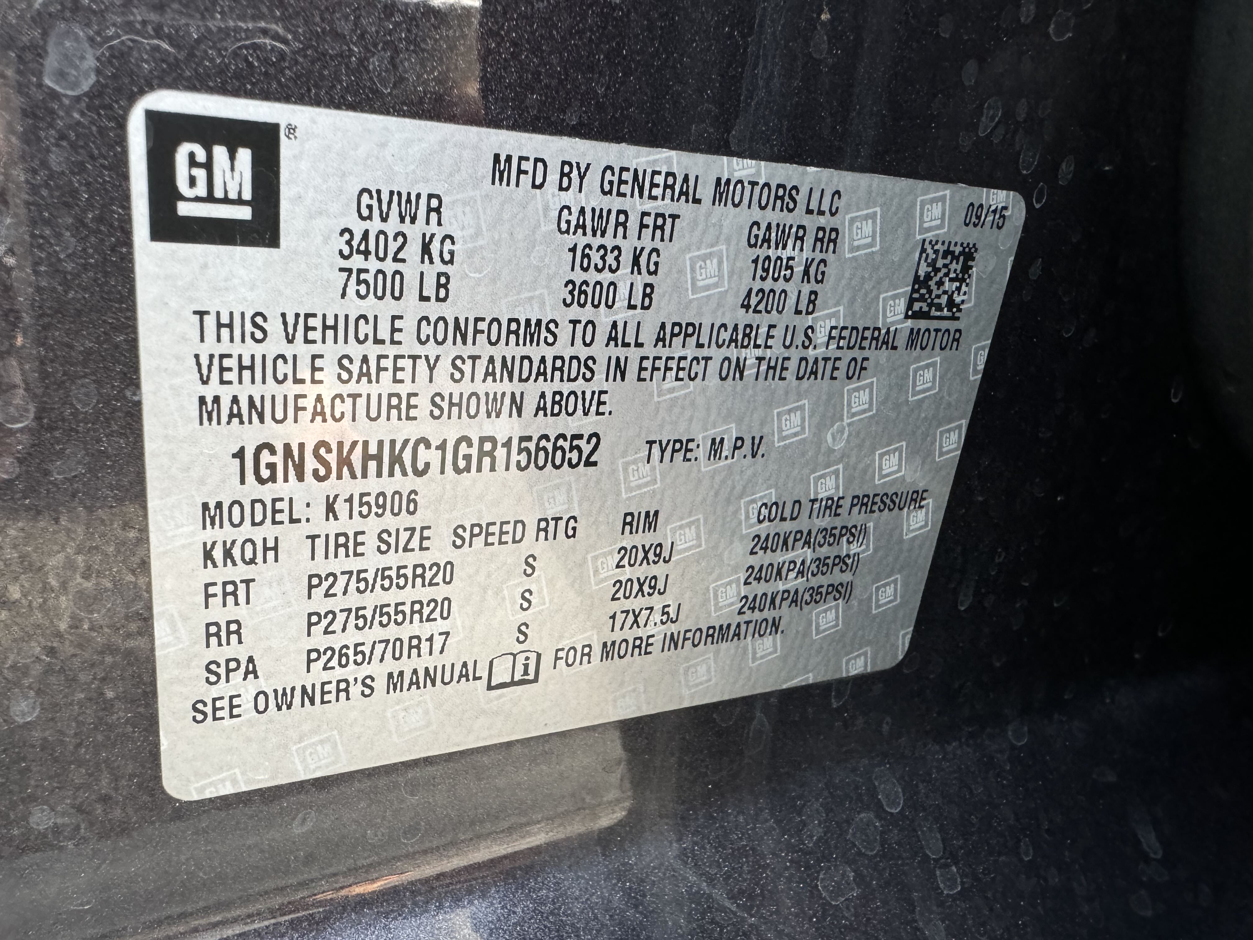 1GNSKHKC1GR156652 2016 Chevrolet Suburban K1500 Lt