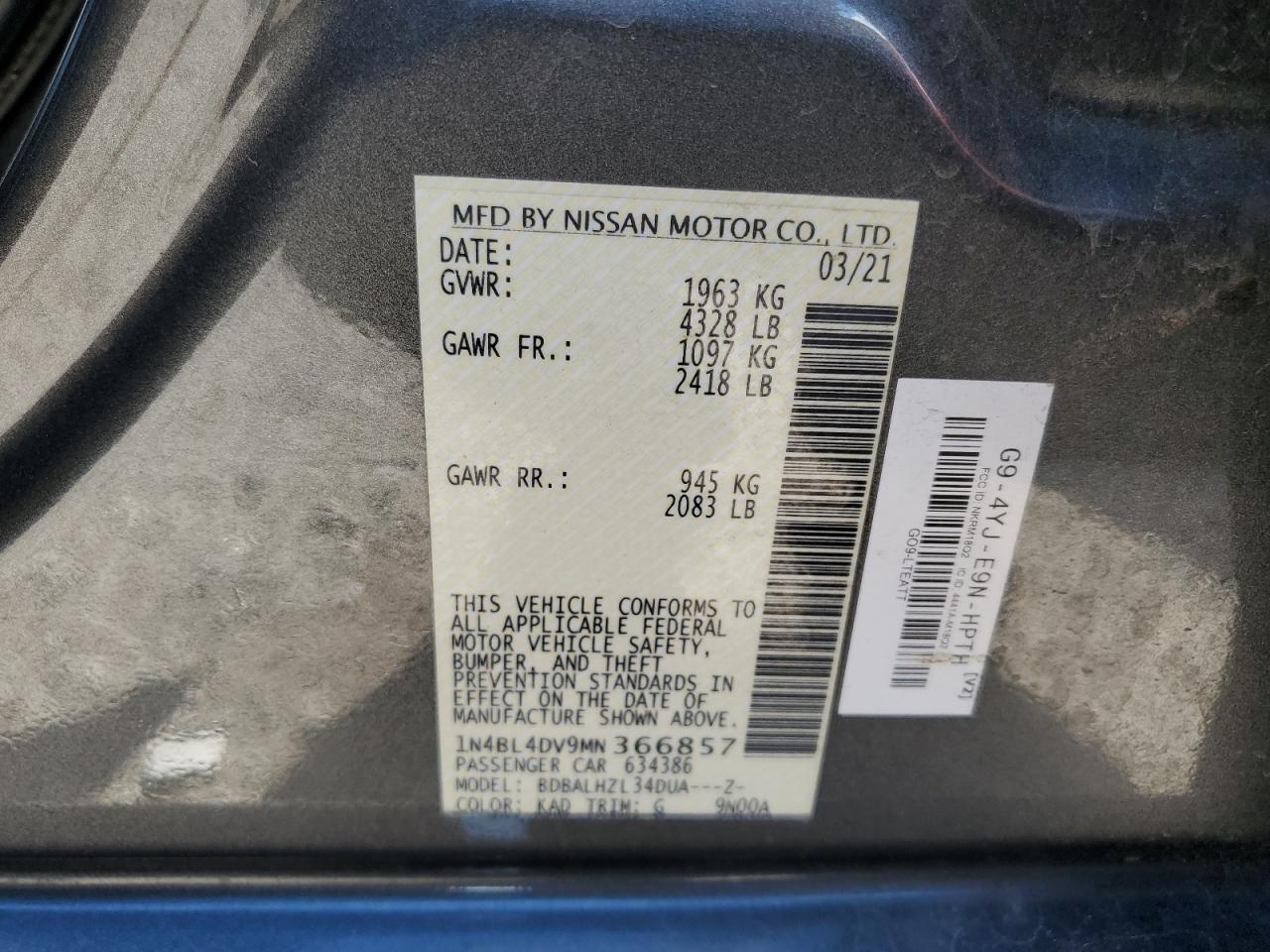 1N4BL4DV9MN366857 2021 Nissan Altima Sv