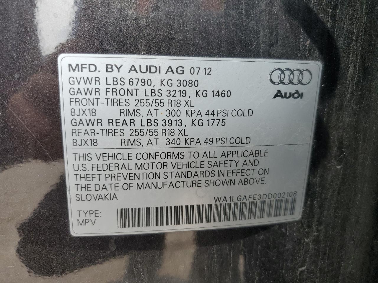 2013 Audi Q7 Premium Plus VIN: WA1LGAFE3DD002108 Lot: 66921454