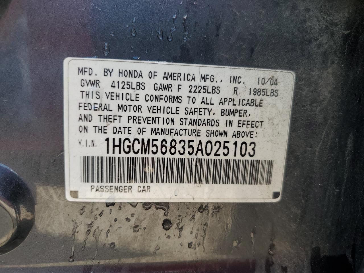 1HGCM56835A025103 2005 Honda Accord Ex