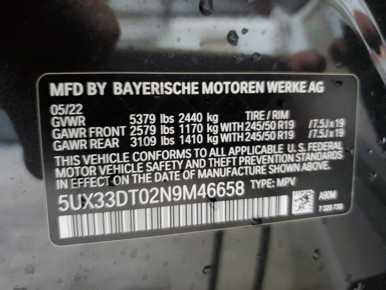 2022 BMW X4 xDrive30I VIN: 5UX33DT02N9M46658 Lot: 65831104