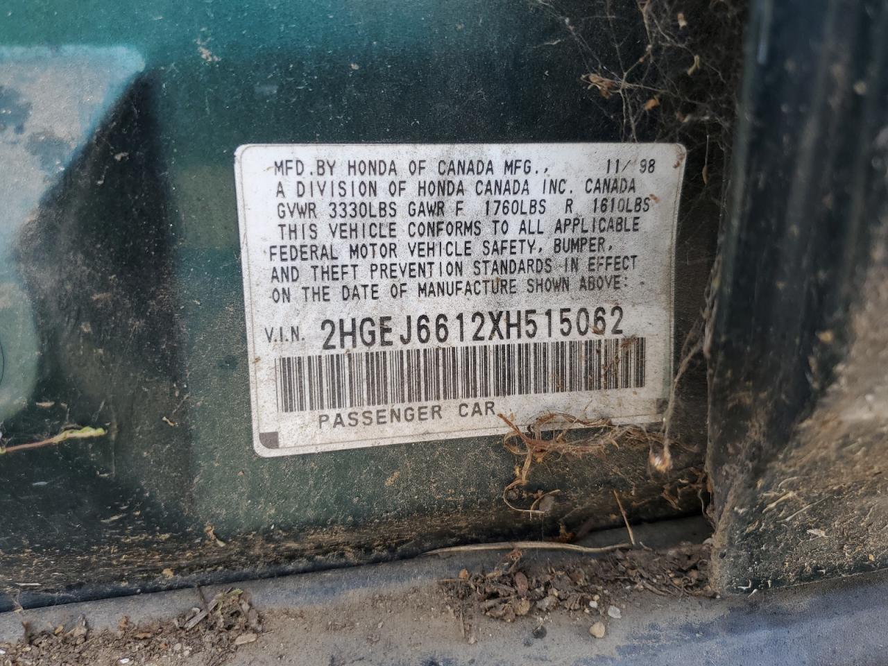 1999 Honda Civic Base VIN: 2HGEJ6612XH515062 Lot: 66819974
