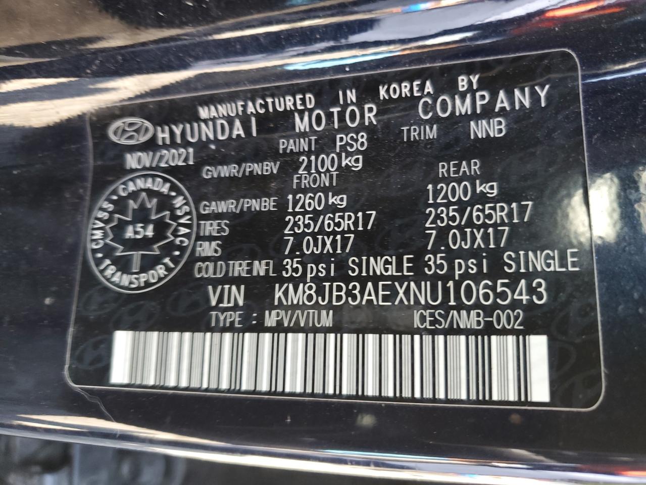 2022 Hyundai Tucson Sel VIN: KM8JB3AEXNU106543 Lot: 65474524