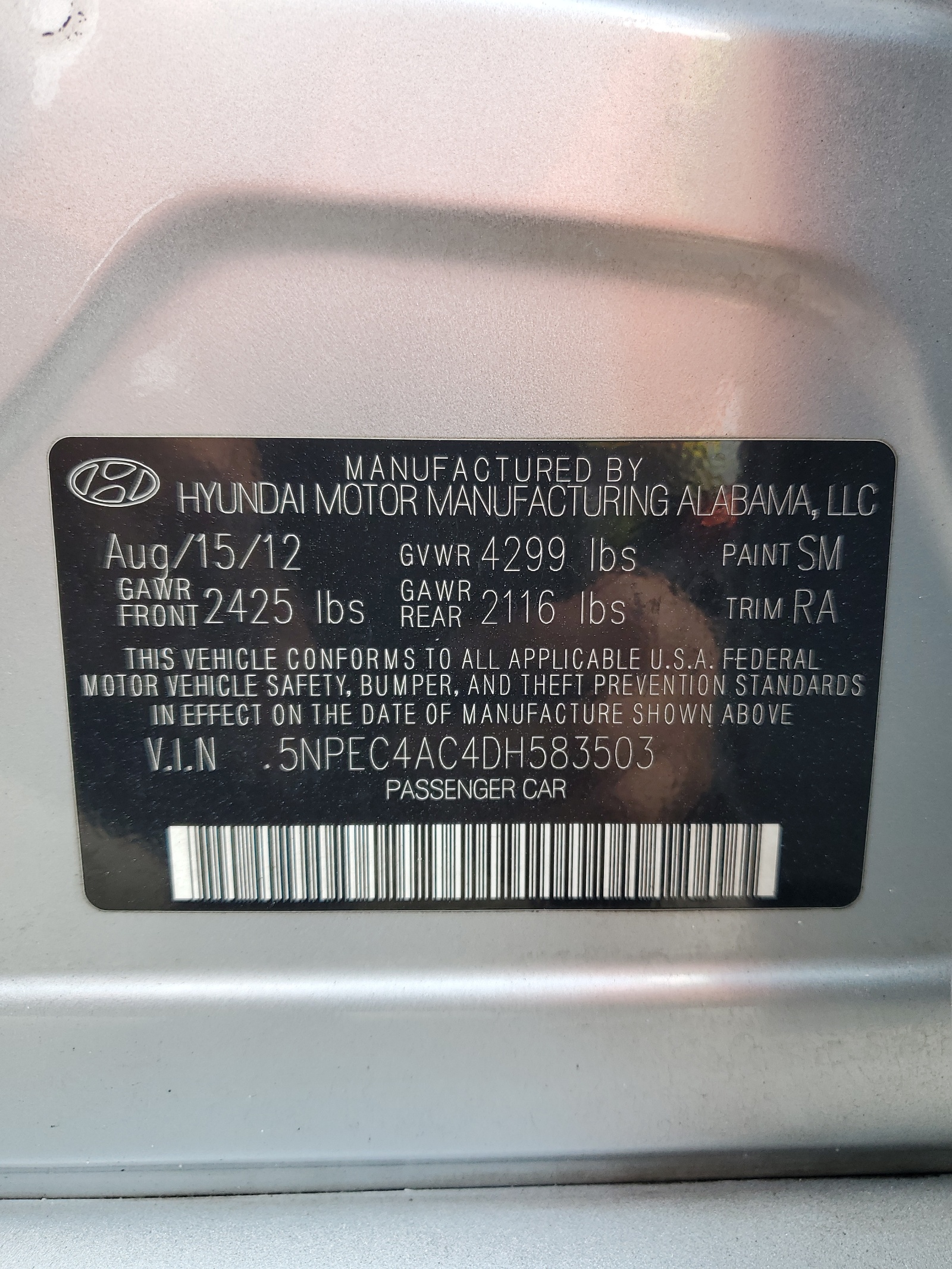 5NPEC4AC4DH583503 2013 Hyundai Sonata Se