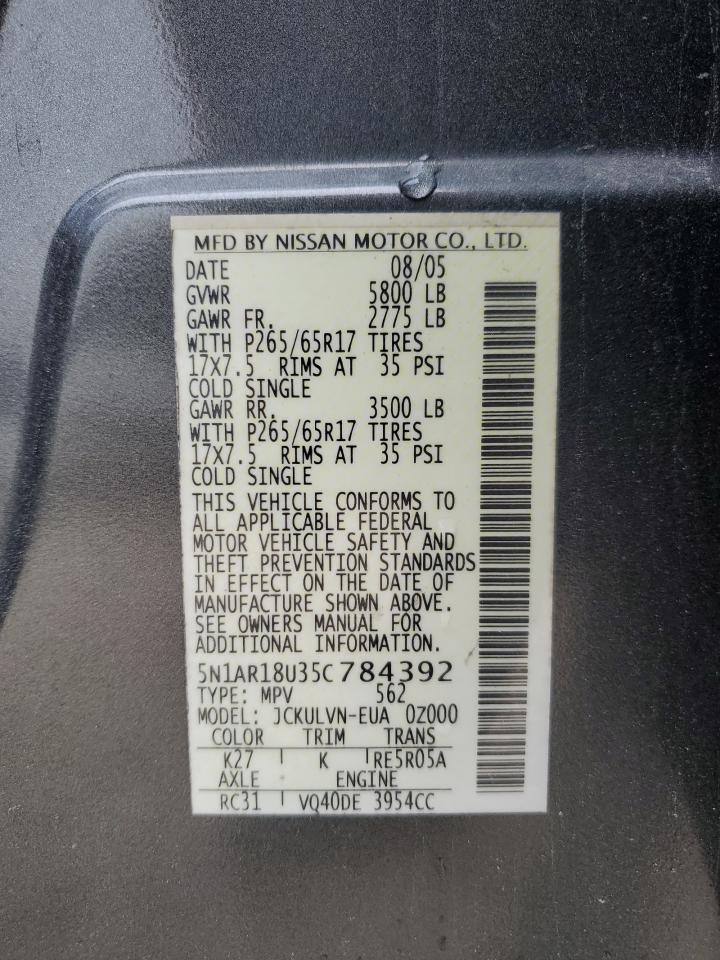 2005 Nissan Pathfinder Le VIN: 5N1AR18U35C784392 Lot: 66952694