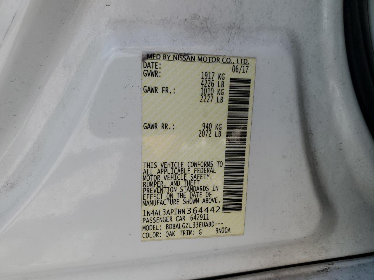 1N4AL3AP1HN364442 2017 Nissan Altima 2.5