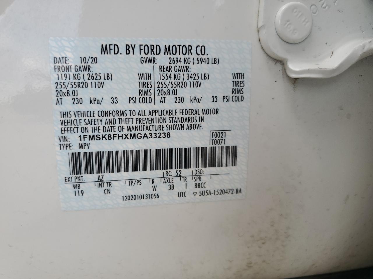 2021 Ford Explorer Limited VIN: 1FMSK8FHXMGA33238 Lot: 67698154