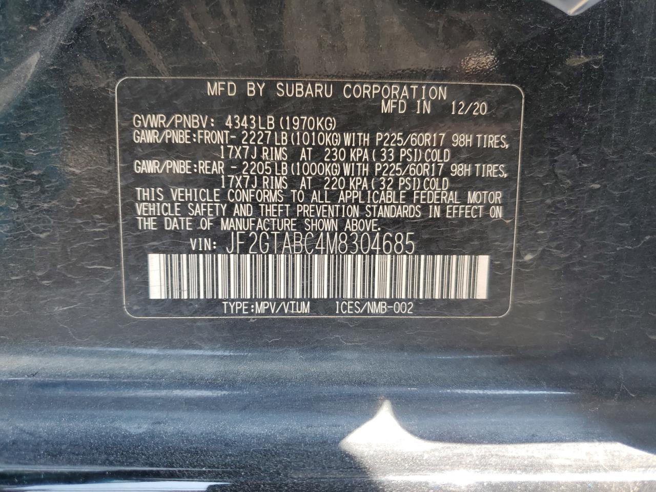 2021 Subaru Crosstrek VIN: JF2GTABC4M8304685 Lot: 66411664