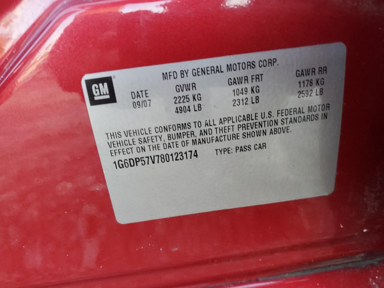 2008 Cadillac Cts Hi Feature V6 VIN: 1G6DP57V780123174 Lot: 67325704