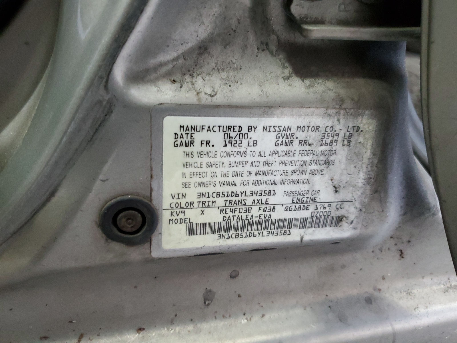 3N1CB51D6YL343581 2000 Nissan Sentra Base