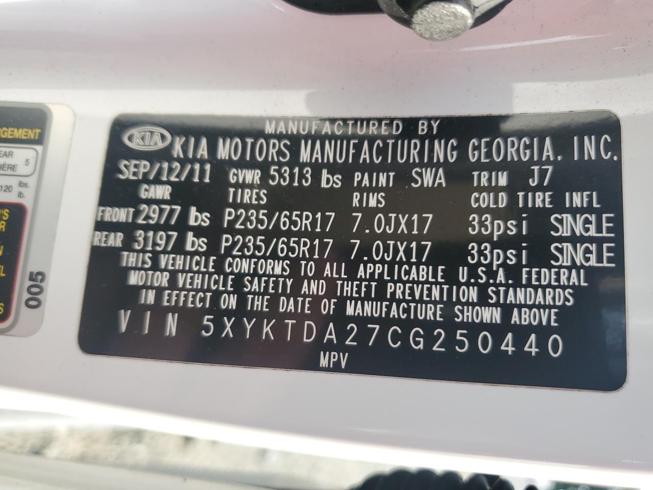 2012 Kia Sorento Base VIN: 5XYKTDA27CG250440 Lot: 68857384