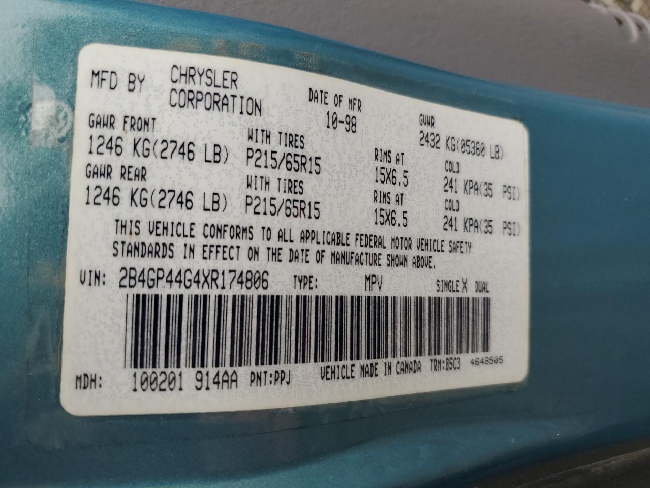 1999 Dodge Grand Caravan Se VIN: 2B4GP44G4XR174806 Lot: 66631184