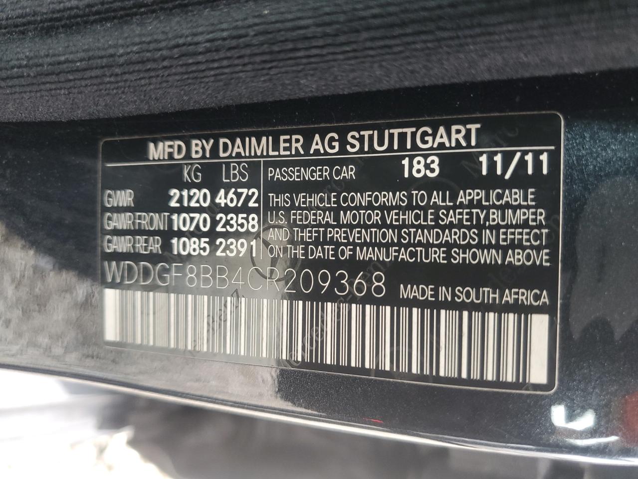 2012 Mercedes-Benz C 300 4Matic VIN: WDDGF8BB4CR209368 Lot: 66115554