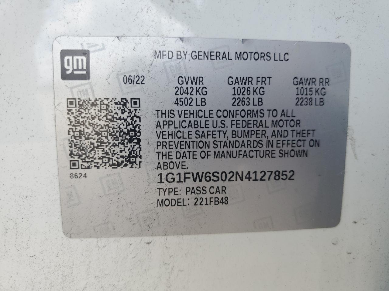 2022 Chevrolet Bolt Ev 1Lt VIN: 1G1FW6S02N4127852 Lot: 67051194