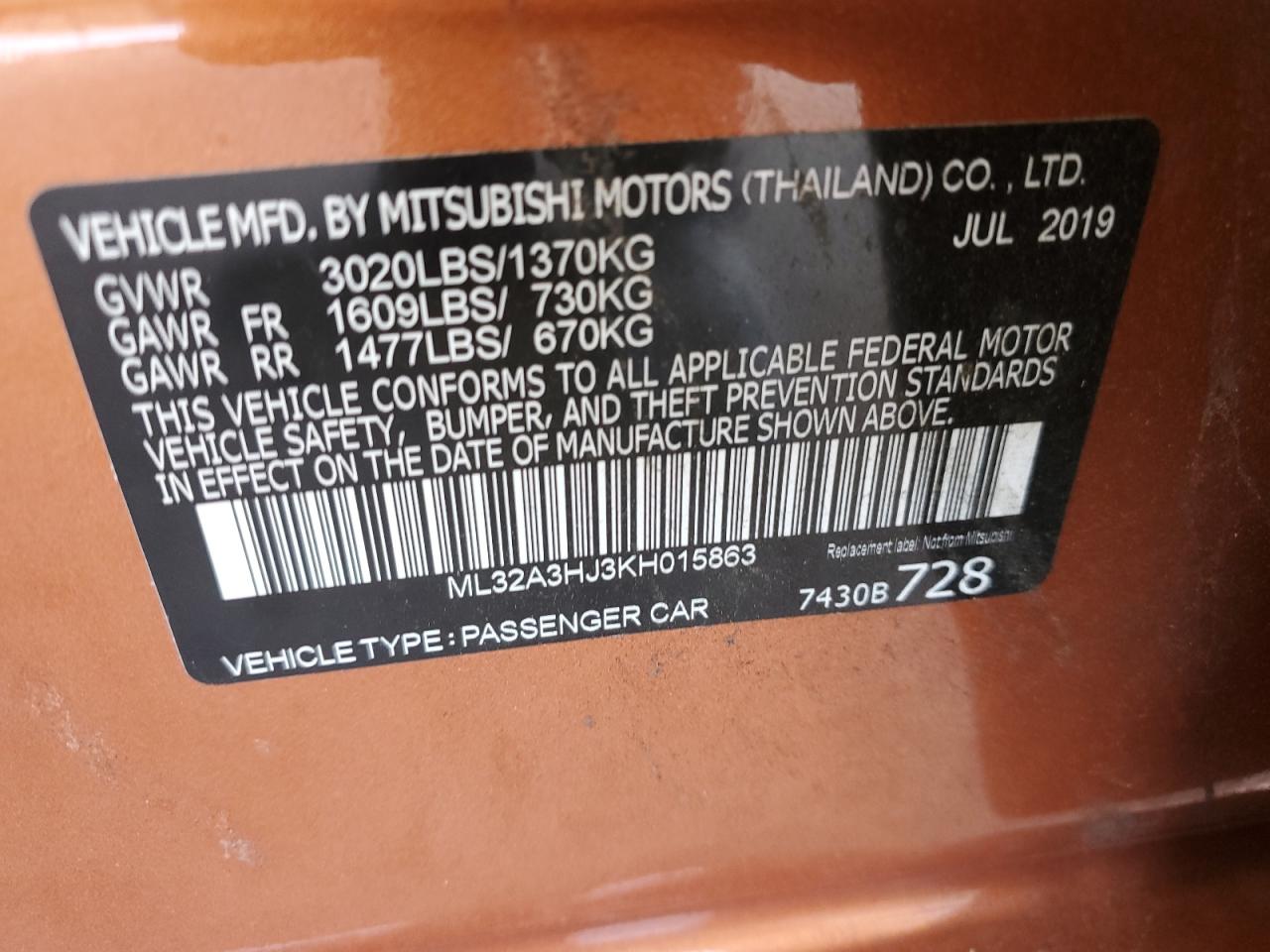 2019 Mitsubishi Mirage Es VIN: ML32A3HJ3KH015863 Lot: 66842324