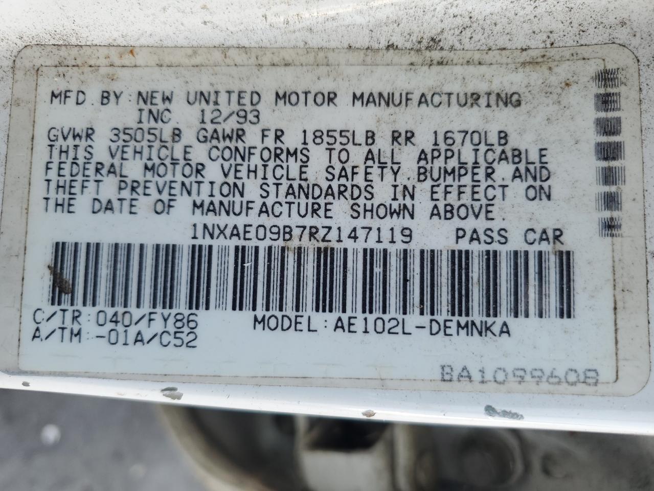 1NXAE09B7RZ147119 1994 Toyota Corolla Le