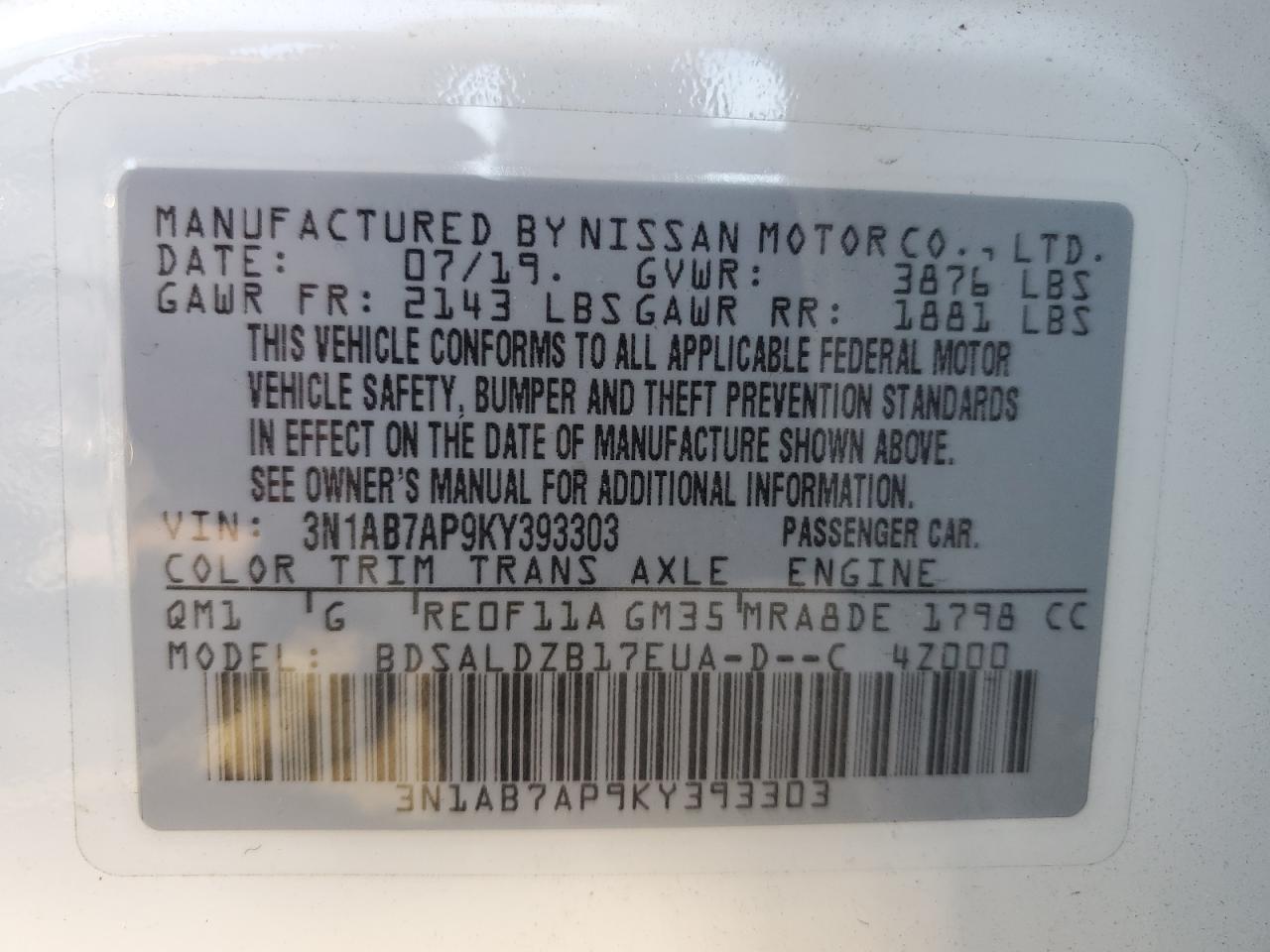 3N1AB7AP9KY393303 2019 Nissan Sentra S