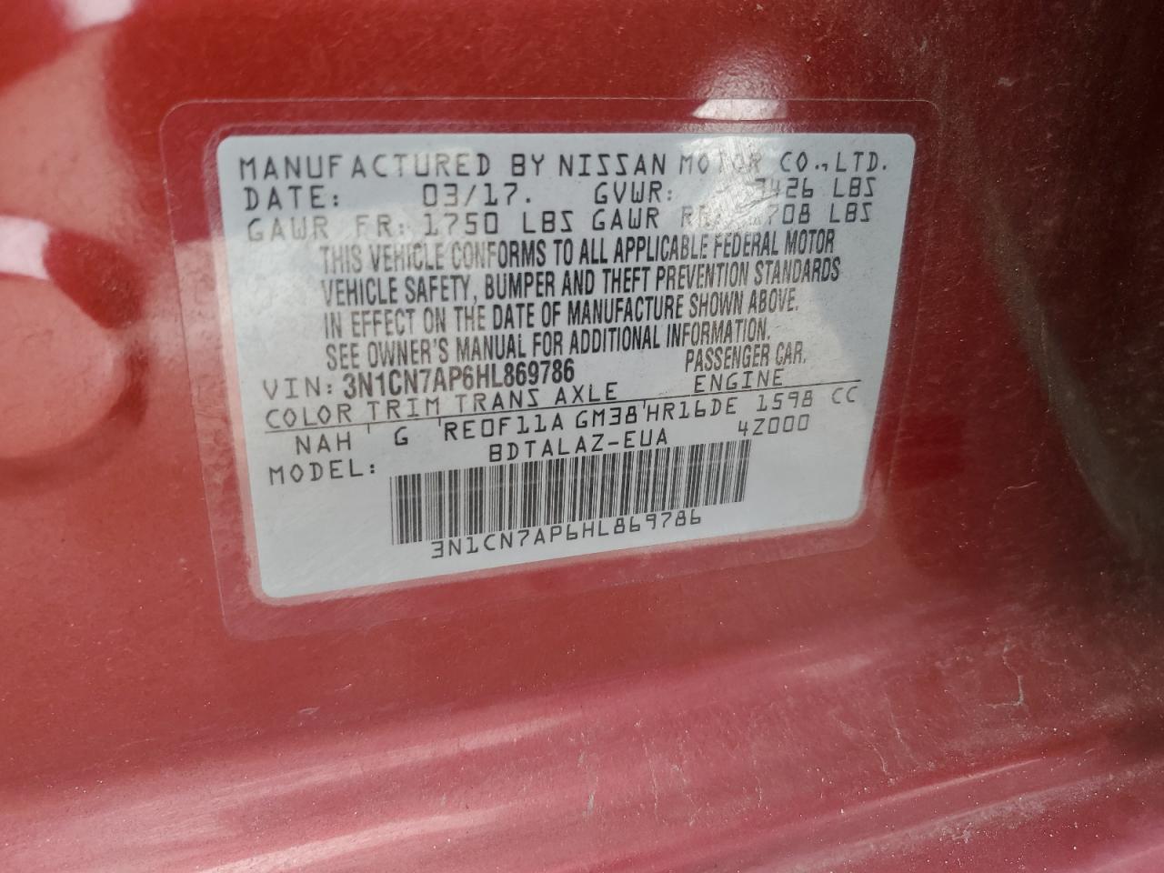 3N1CN7AP6HL869786 2017 Nissan Versa S