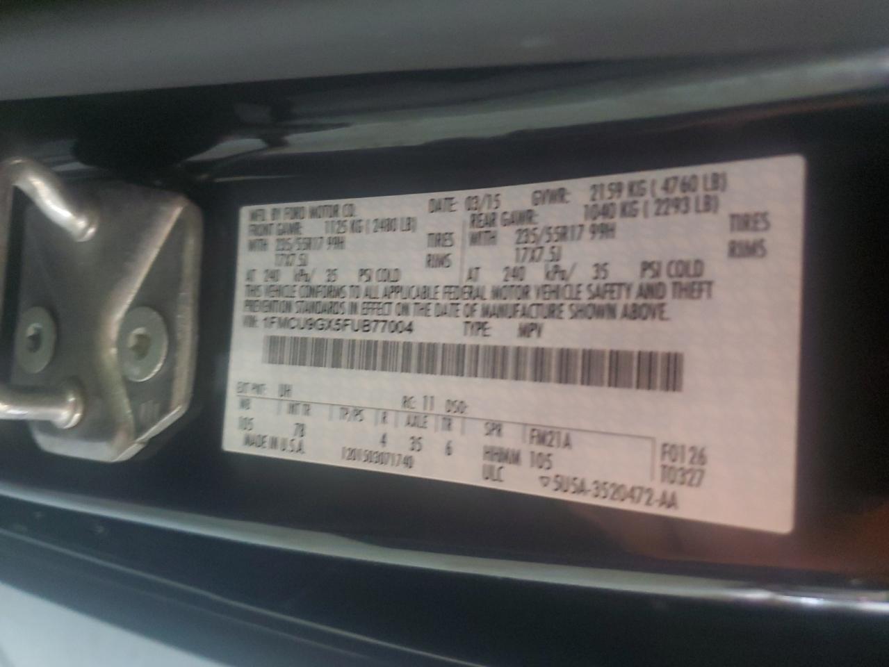 2015 Ford Escape Se VIN: 1FMCU9GX5FUB77004 Lot: 66599794