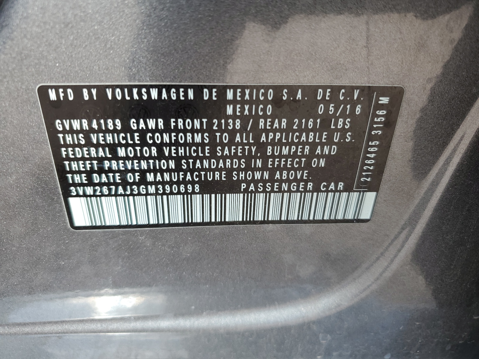 3VW267AJ3GM390698 2016 Volkswagen Jetta S