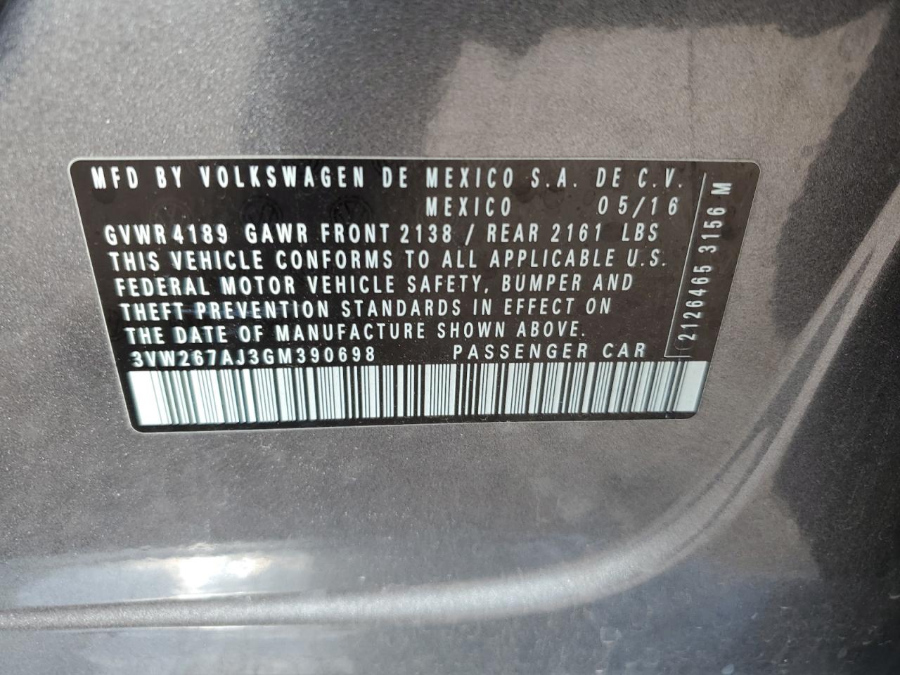 2016 Volkswagen Jetta S VIN: 3VW267AJ3GM390698 Lot: 63322224