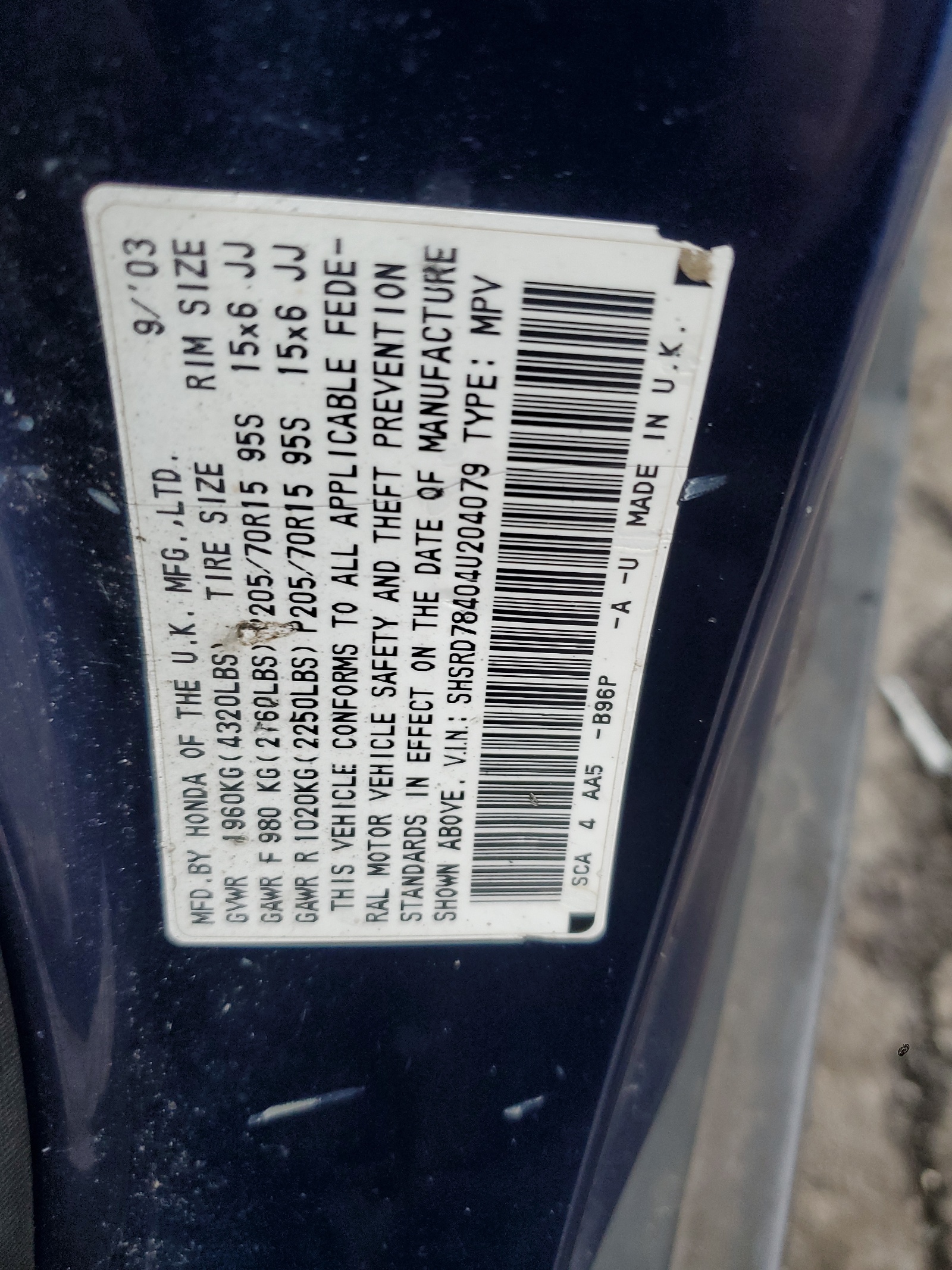 SHSRD78404U204079 2004 Honda Cr-V Lx