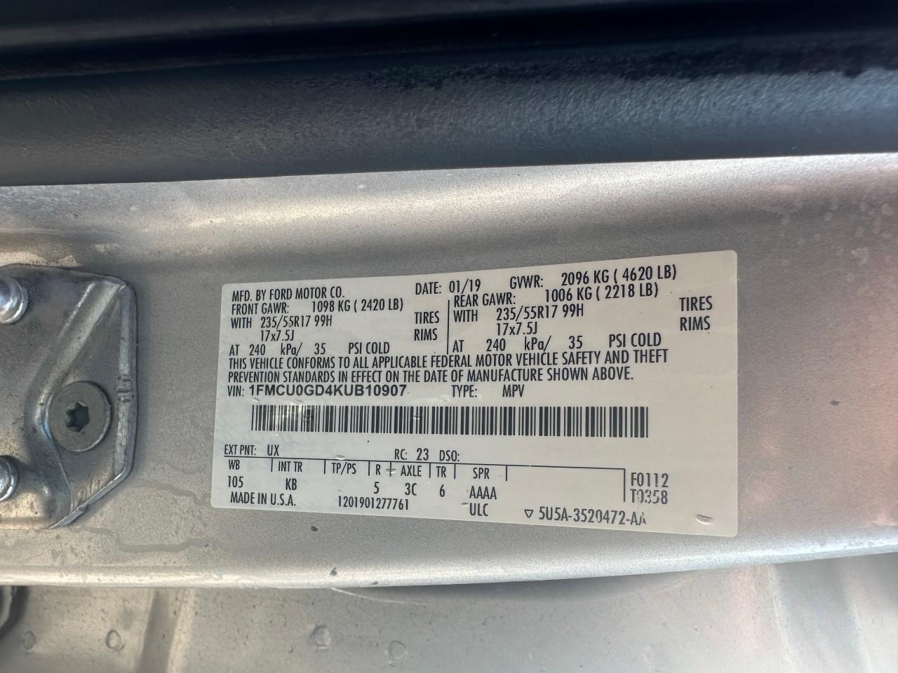 2019 Ford Escape Se VIN: 1FMCU0GD4KUB10907 Lot: 66682154