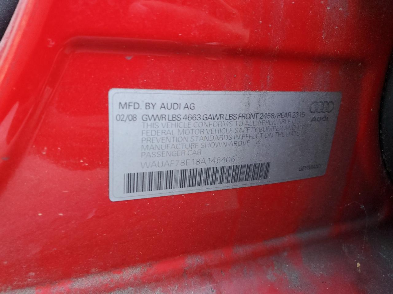 2008 Audi A4 2.0T VIN: WAUAF78E18A146406 Lot: 67092224