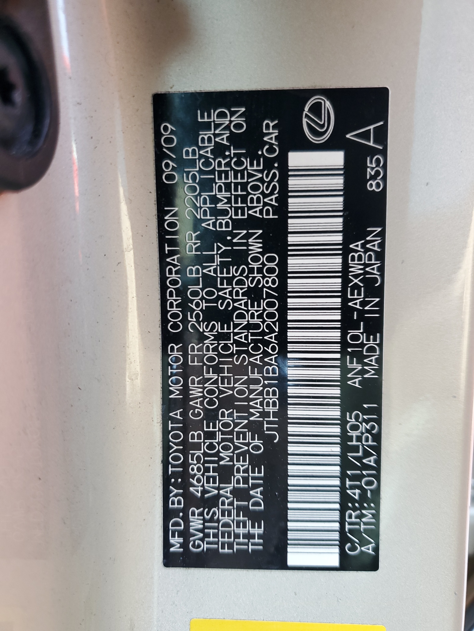 JTHBB1BA6A2007800 2010 Lexus Hs 250H