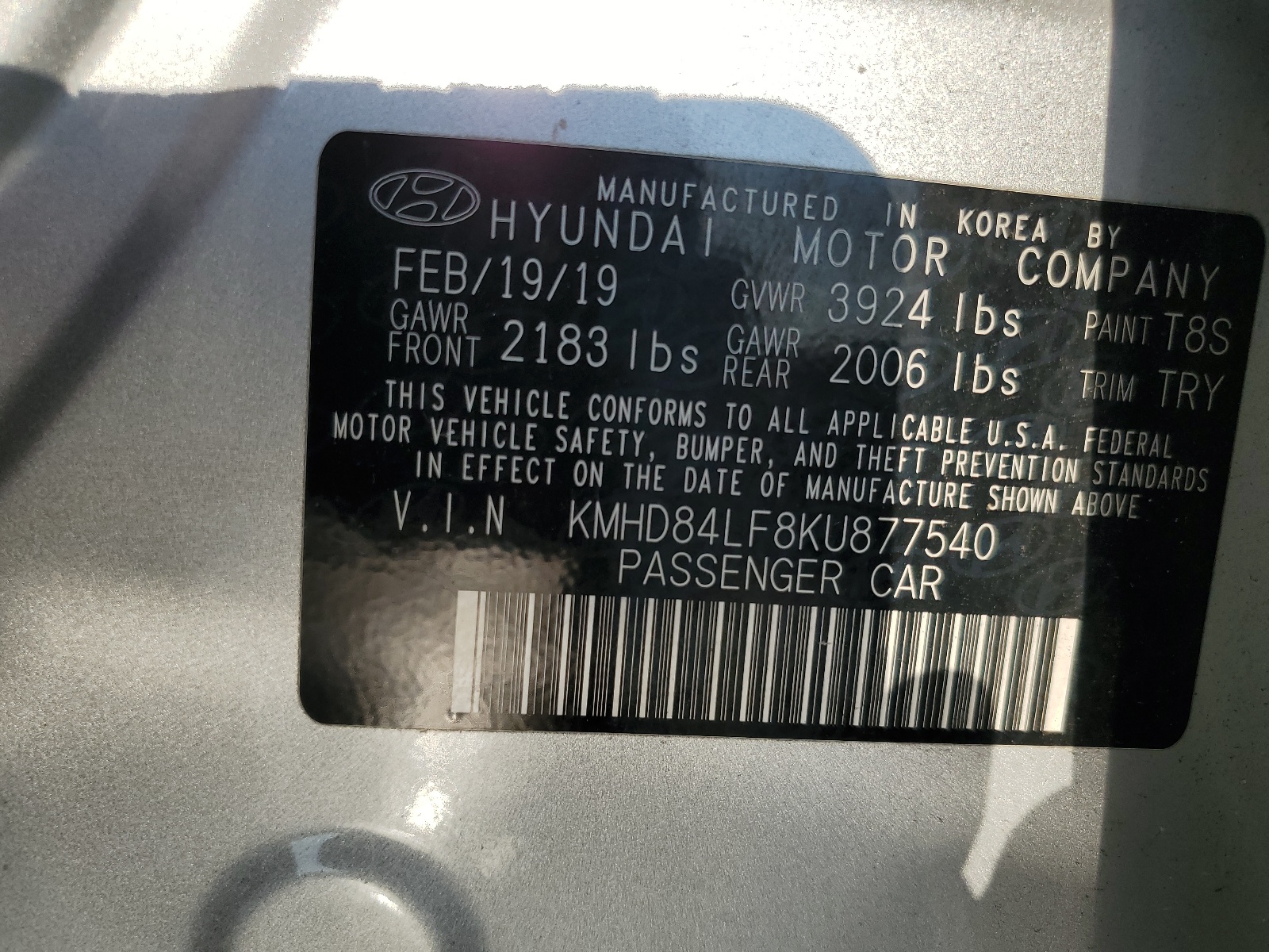 KMHD84LF8KU877540 2019 Hyundai Elantra Sel