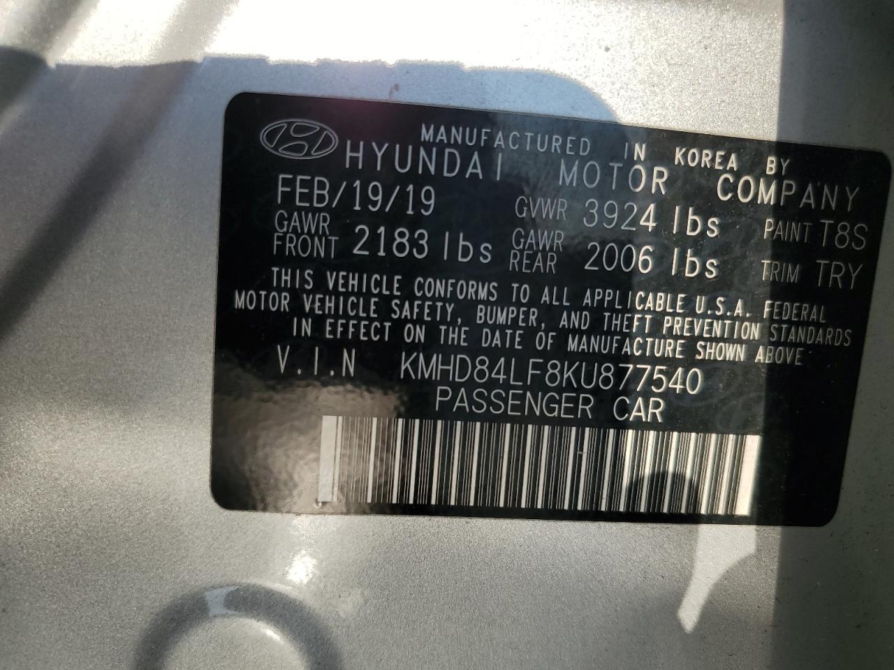 2019 Hyundai Elantra Sel VIN: KMHD84LF8KU877540 Lot: 66739104