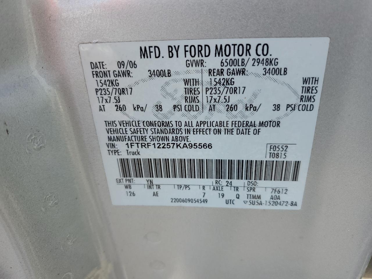 1FTRF12257KA95566 2007 Ford F150 1FTRF12257KA95566 2007 Ford F150