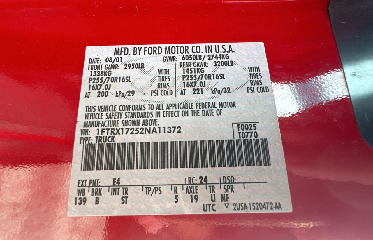 2002 Ford F150 VIN: 1FTRX17252NA11372 Lot: 65959124
