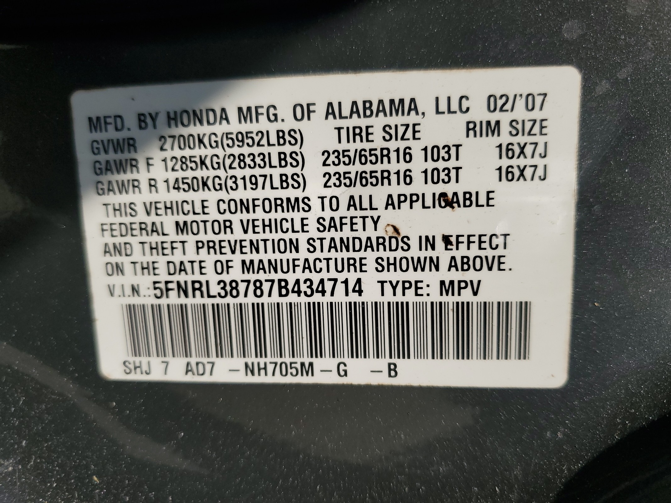 5FNRL38787B434714 2007 Honda Odyssey Exl