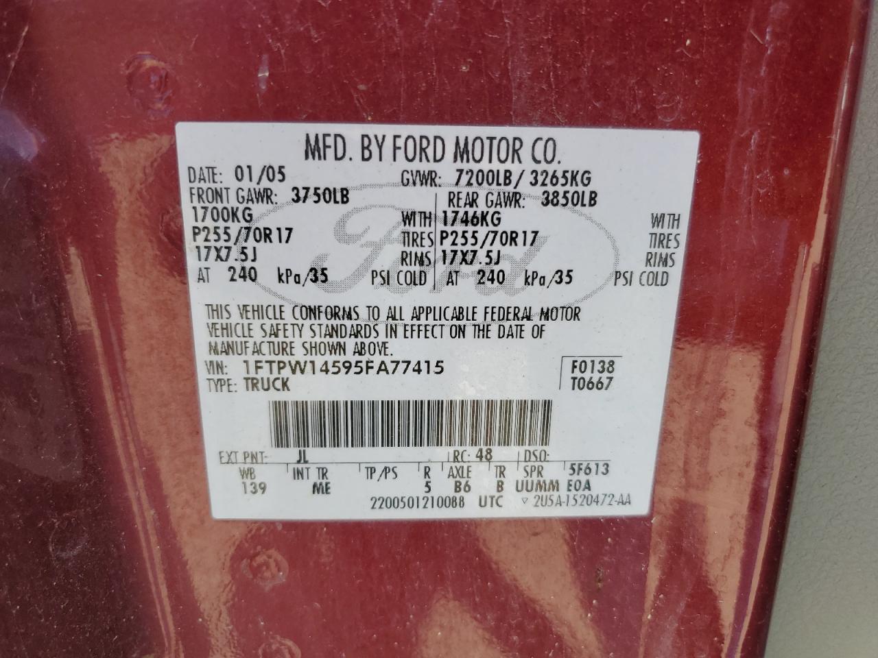 2005 Ford F150 Supercrew VIN: 1FTPW14595FA77415 Lot: 66925704